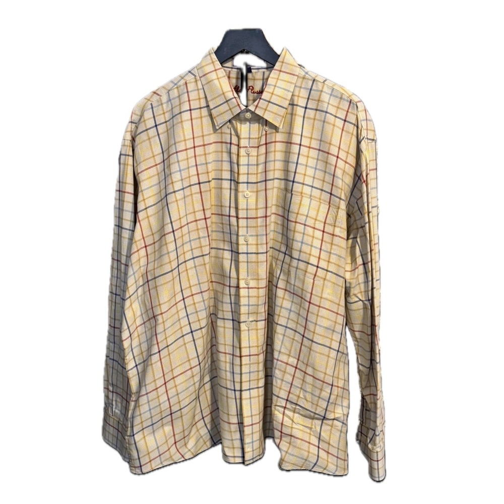Alan Flusser Yellow Plaid Button Up Shirt Men's XXL Cotton‎ NWOT